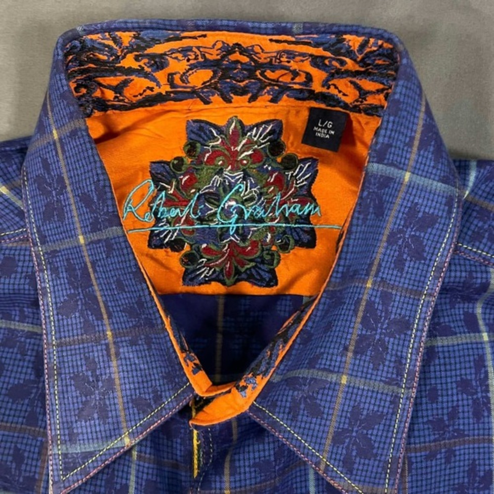 Robert Graham Mens Large Blue Plaid Floral Jacquard‎ Long Sleeve Button Down